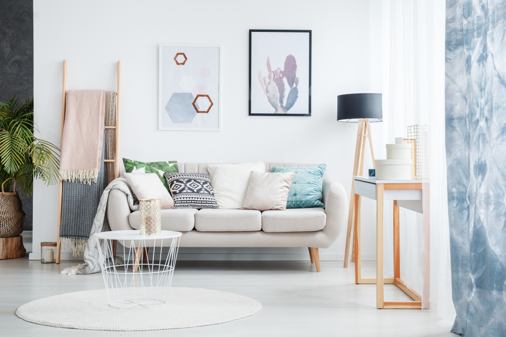 A bright mid-century modern pastel living room